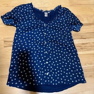 Dolan Left Coast Anthropologie Sydney Blue White Bird Blouse Top Sz XS